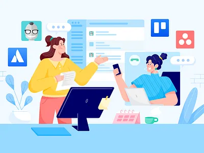 Geekbot Blog Cover blog business call character chat collaboration company computer geekbot girl group illustration remote slack task team tools video woman work