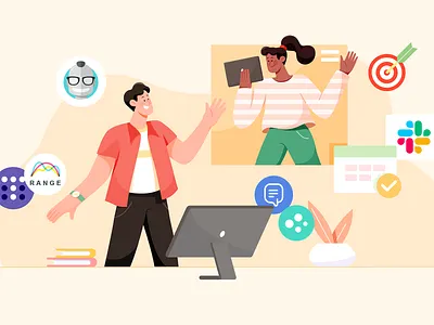 Geekbot Blog Cover blog call character chat collaboration company geekbot girl illustration man remote slack startup target task team tools video woman work