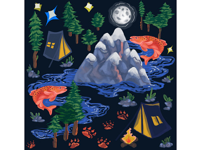 Little Campfire ~ Wallpaper Design campfire camping colorful fine art illustration illustrator kids art kids illustration kidsroom map mountain pattern pattern design wallpaper wallpapers