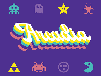 Arcadia arcade arcade game branding burley games idaho mario pacman space invaders tron type typography video games videogames zelda