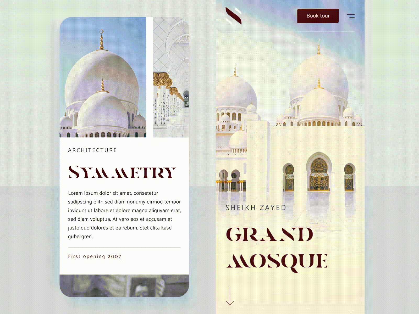 #51 Mosque Architecture 🕌 | 99+ Days in the Lab architecture booking figma gif grand mask mobile mosque parallax principle scroll scroll animation symmetry travelling typogaphy