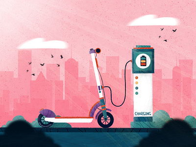 Electic Scooter birds charging city clouds eco ecology flowers procreate sun sunny texture town