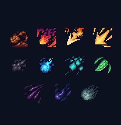 Elementals Pixel icons : Projectiles 2d fantasy game icons illustration pixel art