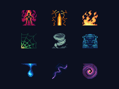 elemental icon : skills 2d fantasy fire illustration lightning pixelart pixelartist water