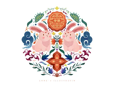 Decoration art for mid-autumn festival art atmosphere bunny cute cute animal cute animals cute art cute fun funny cute illustration design flat icon illustration logo mid autumn festival minimal mooncake orange rabbit
