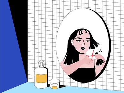Haircut At Home at home bathroom digital illustration editorial illustration haircut illustration mirror vector vector illustration women in illustration