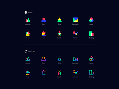 Minimal icons branding colorful design family filled gradient color home house icon iconography illustration logo minimal art mountain outline river sketch tree ui world