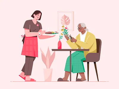 Care In My Home_03 beef carer character design elderly food home illustration look after plant service woman