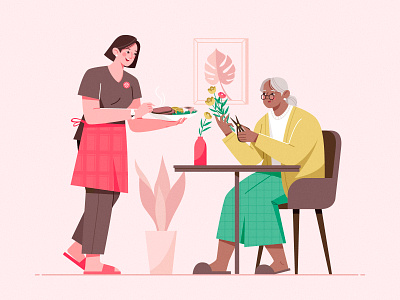 Care In My Home_03 beef carer character design elderly food home illustration look after plant service woman