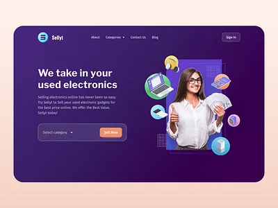 Sellyt - Sell Electronics, Earn money! cta dailyui dailyuichallenge design earn money electronics gradients hero section homepage iconography illustration landing page minimal patterns shapes ui uidesign uiux uxdesign website