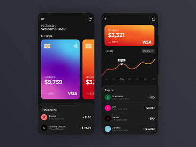 Banking Mobile App app bank bank app banking black cards dark theme ui design finance gradient interface minimal mobile mobile ui mobileapp mobileappdesign ui ux uxui