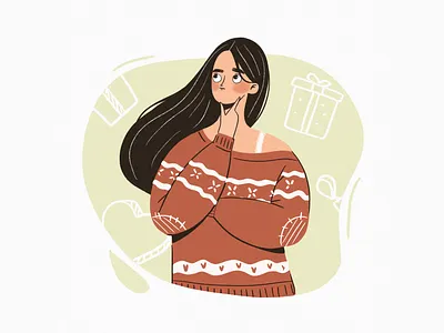 Girl puzzled before Christmas character choice christmas design digital art flat gifts girl girl character grain illustration presents puzzled red sweater texture thinking vintage woman xmas