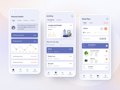 Health assistant app ai app blue bot clean ui diet eating food gym health healthcare healthy hobby mobile mood psychology purple sport ui wellbeing