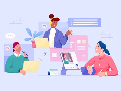 Geekbot Blog Cover business call character chat collaboration company geekbot girl illustration man message remote slack startup task team video woman work