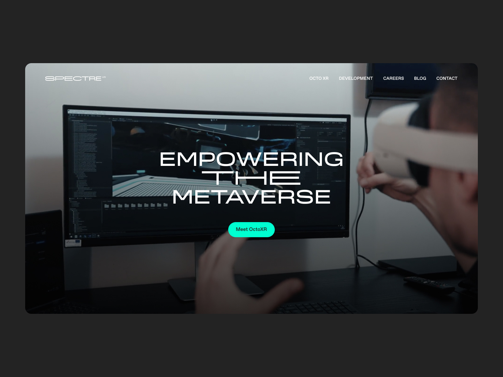 SpectreXR landing page agency animation dark mode design development landing landing design landing page design minimal minimalistic motion graphics tech typographic typography ui virtual reality vr