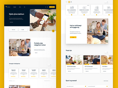Vörður website arrow button cards chatbubble clean dropdown header illustration input field insurance landing mobile navigation responsive search search result shadow slider website yellow