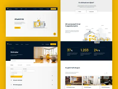 Vörður website arrow button cards chat bubble clean dropdown header illustration input field insurance landing mobile navigation responsive search search results shadow slider website yellow