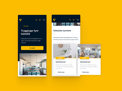 Vörður website - Mobile screens arrow button cards chat bubble clean dropdown header illustration input field insurance landing mobile navigation responsive search search result shadow slider website yellow