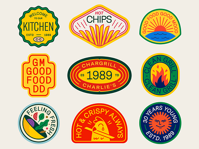 Chargrill Charlie's Badges animal badge chicken color design fire flower food french fries fried icon illustration kitcen logo salad sun sunrise sunset typography water