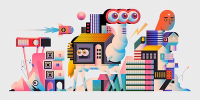 The Journey animal architecture building digital editorial eye house icon illustration indonesia pink rocket vector