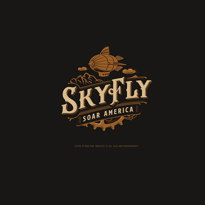 SkyFly airship blimp classic clouds entertainment fly flying gears logo design mountain retro steampunk typography victorian vintage wings