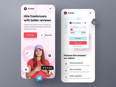 Truststar landing – Mobile Version client curriculum vitae cv freelancer hire homepage interface landing page mockup portfolio rate rating ratings review site social proof ui ux web design website website design