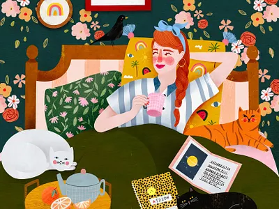 Lazy days are okay ❤️ animal cat female character illustration illustration art illustrator kids illustration motif motifs pattern design