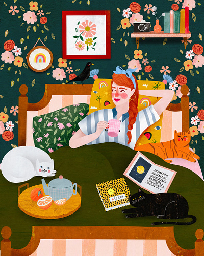 Lazy days are okay ❤️ animal cat female character illustration illustration art illustrator kids illustration motif motifs pattern design