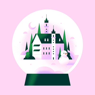 Snow Globe building castle dreamy flat gradient illustration mood outdoor pastel pink purple season snow snow globe snowglobe snowman texture trees vector winter