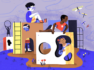 Playgrounds and Dragonflies art character drawing editorial illustration interior painting people plants texture