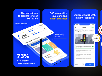 Screenshots for DTT Ireland 2020 app appstore aso blue design driver dtt illustration ios logo onboarding quiz screenshot tests ui