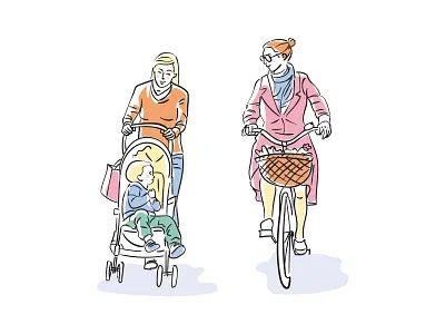 Taking a walk baby bicycle bright colors digital illustration editorial flat illustration illustration people vector vector art vector illustration walking