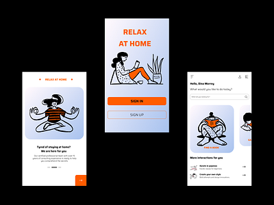 Relax at home - quarantine mode black design home illustration illustrations interaction design isolation creation mobile app mobile app design mobile interface mobile ui orange peace peaceful quarantine relax screens style ui ux