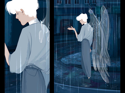 Angel in the city angel art artist artwork blue character city city illustration color didgital didgitalart draw illustraion palette rain