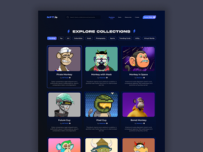 NFT.io - NFT Marketplace Explore Page dark theme explore landing page nft nft avatar nft marketplace ui ui design web web design website design