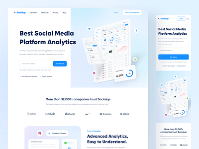 Socialup - Landing Page analytic blue clean design designer influencer landing page marketing minimal responsive responsive design social media ui uidesign user interface ux uxdesign web web design website