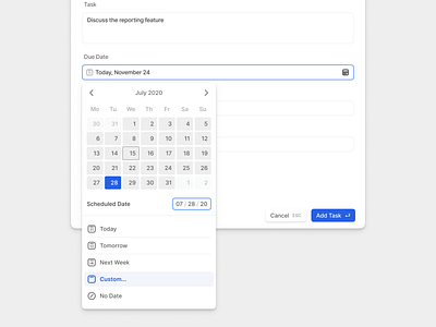 Task Popovers and Pickers calendar collaboration crm datepicker modal popover product task task management tasks ui ux