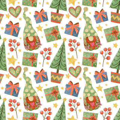 Watercolor Christmas Gnomes seamless patterns. art design drawing folk folkart graphicdesign illustration pattern pattern art pattern design