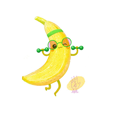 Banana and fitness with dumbbells 🍌 cartoon cgart character characterdesign cute cuteart design digitalartist illustration kawai