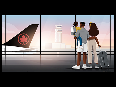 Montreal Airport airplane airport boy character dawn family flight illustration kid man suitcase sunrise terminal travel vector woman