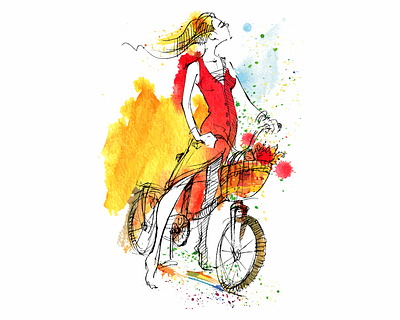 Beautiful blonde rides a bike in the summer art design fantasy fashion graphic illustration print sketch vector watercolor