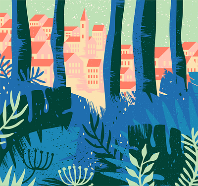 Illustration [wip] building bush forest leaf nature plant sea town tree wood