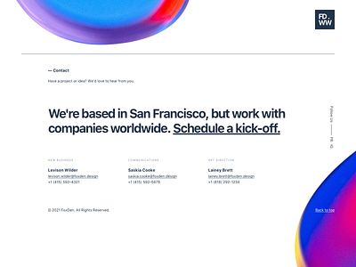 Footer Design agency animation art direction bubbles clean contact footer gradient landing minimalist responsive schedule startup studio team trendy ui ux website white