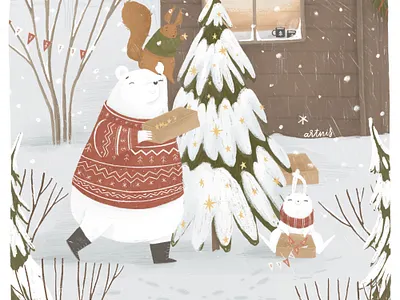 Chistmas mood character character design christmas christmas tree cozy decoration illustration polar bear stars