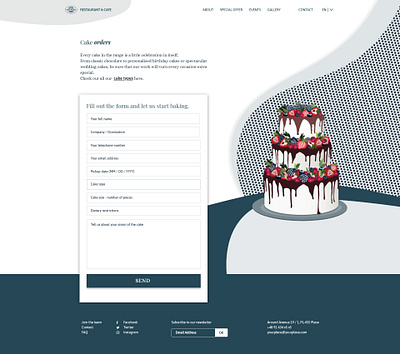 Webdesign - Web site for restaurant - Cake form adobe xd bakery book a table branding cake digitalart digitalillustration illustration menu oderform oderonline order online restaurant restaurantmobileapp sebsitedesig ui ux webdesign website website design