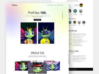 PixiFlies - Aesthetic website design for a NFT project agency art branding crypto design figma illustration logo nft pixelette technologies pixiflies technologies ui ui ux ux web app website website design