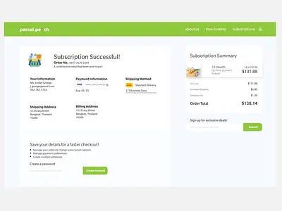 🛒 Checkout Success Page - Parcel.peach Concept 🍑 cart cart ui checkout checkout page checkout success checkout ui design design challenge e commerce e commerce website ecommerce food subscription order success order success ui order ui subscription website ui design web ui web ui design