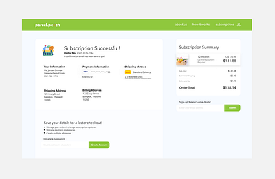 🛒 Checkout Success Page - Parcel.peach Concept 🍑 cart cart ui checkout checkout page checkout success checkout ui design design challenge e commerce e commerce website ecommerce food subscription order success order success ui order ui subscription website ui design web ui web ui design