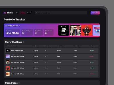 NFT Tracker app blockchain branding button clean dark data design desktop gradient header logo menu nft portfolio search table ui ux web3