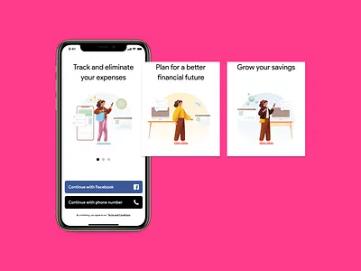 Finance App Walkthrough app carousel design facebook finance finance app finance business iphone mobile ui money onboarding pink savings screen social ui uiux ux walkthrough